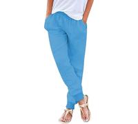 Pantalon décontracté en lin mélangé pour femme, taille élastique, cordon de serrage, poches de couleur unie, simple mais tendance, pantalon d'été, de plage, à porter au quotidien pour femme, bleu, XL