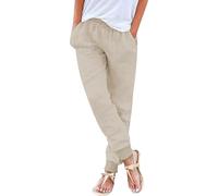 Pantalon décontracté en lin mélangé pour femme, taille élastique, cordon de serrage, poches de couleur unie, simple mais tendance, pantalon d'été, de plage, à porter au quotidien pour femme, kaki, S