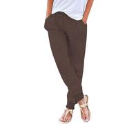 Pantalon décontracté en lin mélangé pour femme, taille élastique, cordon de serrage, poches de couleur unie, simple mais tendance, pantalon d'été, de plage, à porter au quotidien pour femme, marron