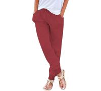 Pantalon décontracté en lin mélangé pour femme, taille élastique, cordon de serrage, poches de couleur unie, simple mais tendance, pantalon d'été, de plage, à porter au quotidien pour femme, Rouge