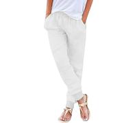 Pantalon décontracté en lin mélangé pour femme, taille élastique, cordon de serrage, poches de couleur unie, simple mais tendance, pantalon d'été, de plage, à porter au quotidien pour femme, blanc, XL