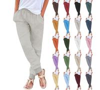 Pantalon décontracté en lin mélangé pour femme, taille élastique, cordon de serrage, poches de couleur unie, simple mais tendance, pantalon d'été, de plage, à porter au quotidien pour femme, beige