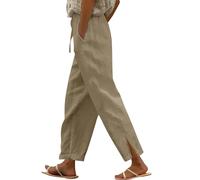 Pantalon décontracté en lin pour femme - Taille haute extensible - Ourlet fendu - Coupe ample - Cordon de serrage avec poche - Pantalon ample - Taille haute élastique - Ourlet fendu - Pantalon