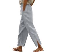 Pantalon décontracté en lin pour femme - Taille haute extensible - Ourlet fendu - Coupe ample - Cordon de serrage avec poche - Pantalon ample - Taille haute élastique - Ourlet fendu - Pantalon