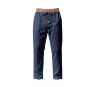 Pantalon décontracté en lin pour homme, coupe droite, coupe ample, style ethnique, pour les vacances, le quotidien, blanc, taille L (L bleu foncé)