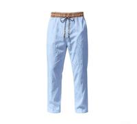 Pantalon décontracté en lin pour homme, coupe droite, coupe ample, style ethnique, pour les vacances, le quotidien, blanc, taille L (XL, bleu clair)