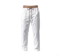 Pantalon décontracté en lin pour homme - Coupe droite - Style ethnique - Pour les vacances - Usage quotidien - Blanc - Taille L (XL blanc)