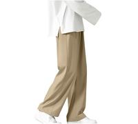 Pantalon décontracté en soie glacée pour homme - Coupe droite, pantalon ample glacé pour toutes les saisons, pantalon large taille haute avec options de taille (kaki, L)