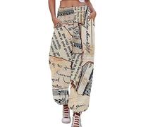 Pantalon Décontracté Femme à Imprimé Journal Ancien Style Rétro et Sportif Coupe Harem Confortable et Unique(Rose Gold, XXXL)