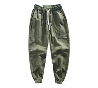 Pantalon décontracté pour homme - Jambes serrées - Pantalon en coton et lin pour l'été - Pantalon de jogging - Pantalon de jogging - Coupe ample - Réglable - Extensible - Jambe droite - Bas plat