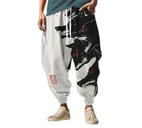 Pantalon décontracté pour homme - Style japonais - Pantalon baggy sarouel - Motif imprimé amusant - Pantalon décontracté hippie - Jogging sarouel à l'entrejambe avec revers - Pantalon de rue - Jambe
