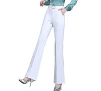 Pantalon décontracté taille haute pour femme - Taille drapée parfaite - Ultra doux - Pantalon à enfiler - Respirant - Baggy - Extensible - Jambe droite, blanc, S