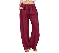 Pantalon décontracté uni pour femme - Mélange de coton - Cordon de serrage - Poche élastique à la taille - Pantalon long à jambes larges, Bordeaux, L
