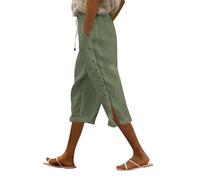 Pantalon d'été baggy en lin pour femme - Pantalon d'été léger 7/8 en lin avec boutons latéraux - Pantalon de loisirs léger trois-quarts - Pantalon d'été large - Grandes tailles - Pantalon de jogging