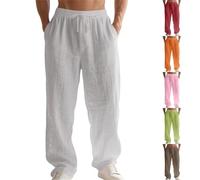Pantalon d'été décontracté en coton et lin pour homme - Jambe droite - Léger et respirant - Cordon de serrage - Taille élastique - Pantalon d'été décontracté - Plage et yoga, rose, M