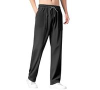 Pantalon d'été décontracté en lin - Coupe droite - Taille élastique - Cordon de serrage - Pantalon de vacances à la plage, Noir , M