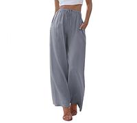 Pantalon d'été en coton et lin pour femme - Couleur unie - Confortable - Pour tous les jours - Tenue décontractée - Léger et ample - Pantalon long de vacances, gris, M