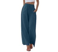 Pantalon d'été en coton et lin pour femme - Couleur unie - Confortable - Pour tous les jours - Tenue décontractée - Léger et ample - Pantalon long de vacances, bleu, M