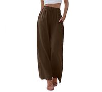 Pantalon d'été en coton et lin pour femme - Couleur unie - Confortable - Pour tous les jours - Tenue décontractée - Léger et ample - Pantalon long de vacances, café, XXL
