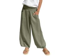 Pantalon d'été en lin léger pour femme, pantalon décontracté, uni, confortable, sarouel, jambes larges musulmanes, Vert, M