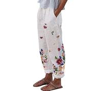 Pantalon d'été en lin pour femme - Pantalon léger et large - Style bohème - Pantalon d'été 7/8 - Fleurs - Pantalon de plage taille haute - Pantalon d'été léger et aéré - Pantalon de loisirs - Capri -