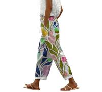 Pantalon d'été en lin pour femme - Taille élastique - En coton et lin - Avec poches - Imprimé tropical - Pantalon décontracté - Pantalon ample et respirant - Taille haute - Jambe droite, rose