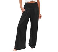 Pantalon d'été en lin pour femme - Taille élastique - Pantalon baggy - Pantalon sarouel avec poches - Pantalon d'été taille haute - Vêtements de vacances - Pantalon de marche, Noir , XL