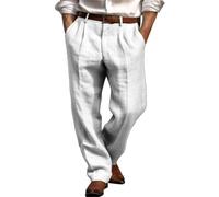 Pantalon d'été en lin pour homme - Double pantalon plissé sur le devant - Pantalon droit - Couleur unie - Pantalon de jogging léger et respirant - Pantalon de plage décontracté, blanc, 3XL