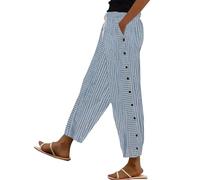 Pantalon d'été fin pour femme grande taille haute élastique long Pantalon Palazzo élégant ample avec poches et cordon de serrage, Bleu clair, L