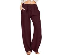 Pantalon d'été léger en lin pour femme - Pantalon de plage léger et aéré - Couleur unie - Élégant - Pantalon de loisirs surdimensionné en mousseline, G7# - Vin, M