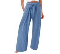 Pantalon d'été pour femme en coton et lin élastique taille haute élégant pantalon avec poches cordon de serrage confortable large pantalon et jambe large pantalon de plage baggy léger, 02#bleu ciel
