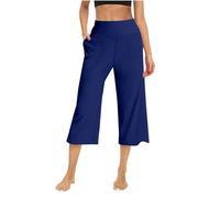 Pantalon d'été pour femme - Jambe large de yoga - Taille haute - Pantacourt pour exercices - Poches de pyjama larges et douces - Pantalon de jogging court pour femme - Dormir, bleu, L