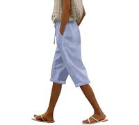 Pantalon d'été pour femme, longueur genoux, léger et aéré, pantalon en lin, couleur unie, taille haute, taille élastique, léger, pantalon de plage, pantalon capri, pantalon en tissu avec cordon de