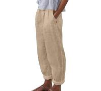 Pantalon d'Été pour Femmes Coton et Lin Curvy Pantalon 7/8 Taille Haute Pantalon avec Poches Yoga Plage Pantalon Couleur Unie Grande Taille Pantalon Beige Jambe Large pour Plage Vacances, Kaki, L