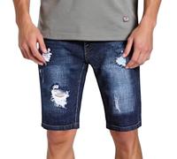 Pantalon d'été pour homme - Short en denim déchiré - Coupe ajustée - Décontracté - Droit - Délavé - Pantalon de motard - Streetwear Hip Hop - Short en jean extensible, bleu foncé, 42