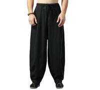 Pantalon d'été pour homme style chinois ethnique zen coton lin jambe large lanterne pantalon, Noir , XS