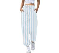 Pantalon d'été rayé pour femme - Pantalon sarouel large - Pantalon d'extérieur - Pantalon en tissu aéré - Pantalon élastique - Taille haute - Pantalon de loisirs avec poches - Cordon de serrage