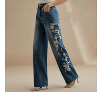 Pantalon droit bleu ample à taille haute, élégant et romantique, avec broderie florale vintage. Vêtements pour le Nouvel An L,M,S,XL,XSPlantesJean