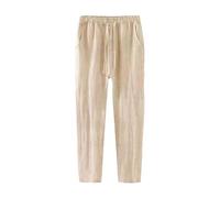 Pantalon droit en coton et lin pour homme - Couleur unie - Taille élastique - Cordon de serrage - Pantalon décontracté ample, Blanc crémeux, L