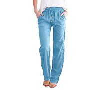 Pantalon droit en coton solide pour femme avec cordon de serrage élastique coupe droite pour un confort décontracté au quotidien, bleu clair, S