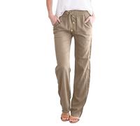 Pantalon droit en coton solide pour femme avec cordon de serrage élastique coupe droite pour un confort décontracté au quotidien, kaki, XXL
