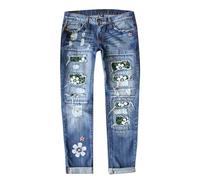 Pantalon Droit en Denim perforé imprimé Quatre Saisons pour Femmes Nouvelle Rue Tendance Confortable élégant Mode Quotidien (Green, S)