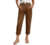 Pantalon droit en lin et coton pour femme avec cordon de serrage à la taille élastique, respirant, couleurs unies avec poches latérales, coupe décontractée, vacances et excursions à la plage, tailles