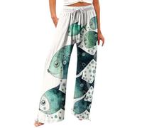 Pantalon droit en lin mélangé à motif de poisson rétro pour femme, pantalon décontracté confortable à jambe large avec poches pour les excursions en galerie, les rendez-vous café et les promenades du