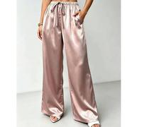 Pantalon droit long élégant pour femmes en polyester rose avec taille à cordon de serrage et poches, tissu lisse de type satin L,M,S,XLUnicolorePolyester