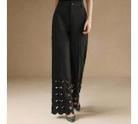 Pantalon droit noir à taille haute avec patch rond asymétrique brodé, élégant pour le bureau et les soirées L,M,S,XLUnicoloreTissu tissé