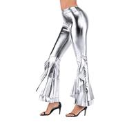 Pantalon élégant et décontracté à Effet Brillant, Coupe Bootcut et Ourlet asymétrique, idéal pour la scène et Le Quotidien. (Silver, XL)