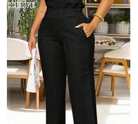 Pantalon élégant et décontracté à la mode pour femmes avec poches obliques et détails de boutons, convient pour le trajet domicile-travail 0XL,1XL,2XL,3XL,4XLUnicoloreTissu tissé