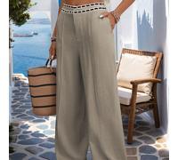 Pantalon élégant et léger pour femmes, style bohème décontracté pour les vacances ou le travail. Coupe droite en tissu de lin doux et confortable, avec taille contrastée, fermeture éclair avant et poc