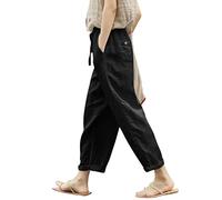 Pantalon en Coton Et Lin Femme ÉTé 7/8 Couleur Unie Taille Haute Pantalons Pantacourt DéContractéS Pantalon Taille éLastique Jambe Large Solid Pantalon De Plage avec Cordon De Serrage Et Poches